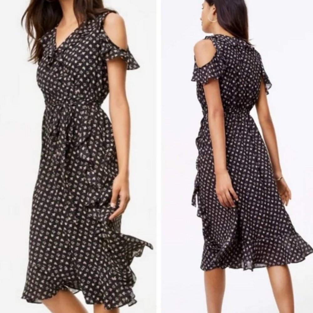 LOFT floral ruffle faux wrap cold shoulder ruffle midi dress size medium